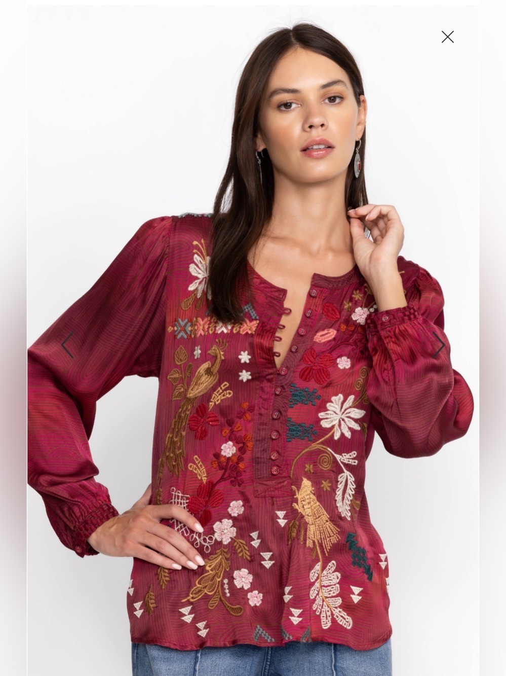 JOHNNY WAS Workshop Zuzu Field Henley Blouse Sz S MSRP $350 EUC Boho Cottagecore